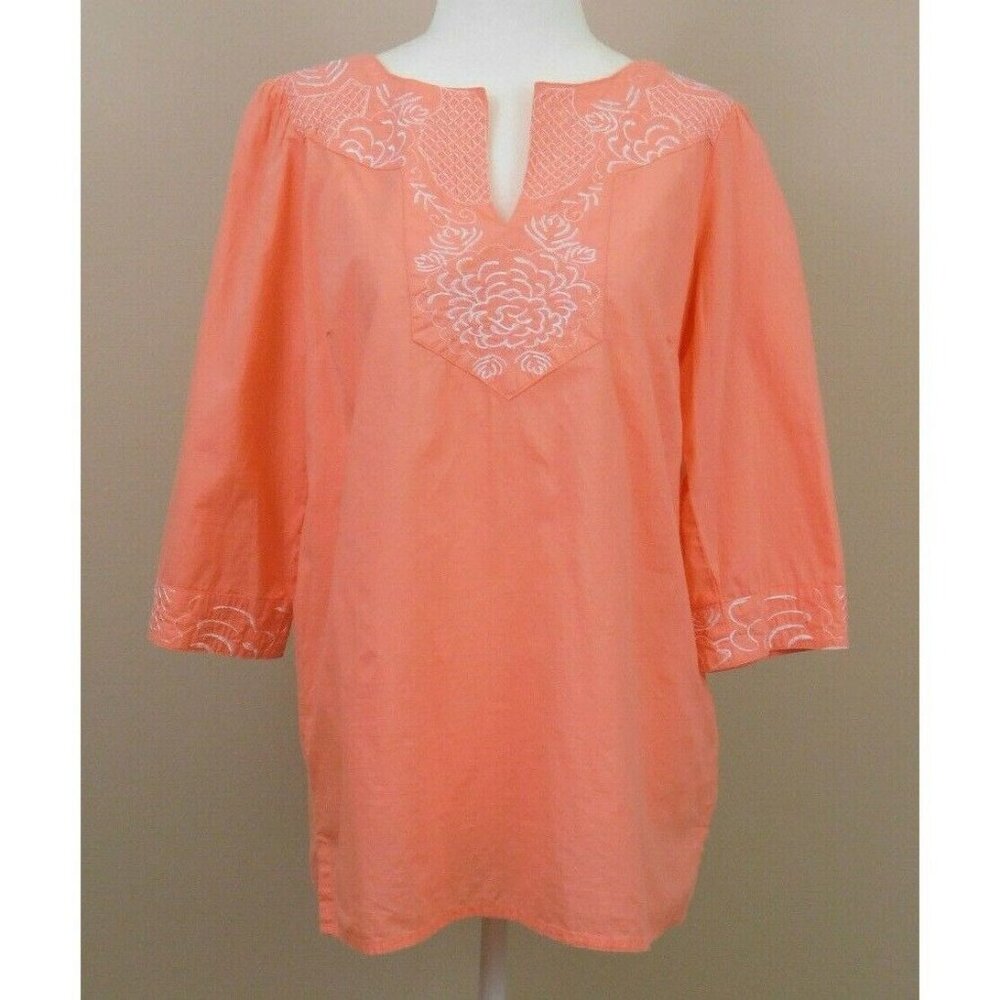 Caribbean Joe Womens Embroidered Peach Tunic V Neck Popover 3/4 Sleeve Sz Small